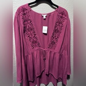 Cato Rose Wine Embroidered Blouse